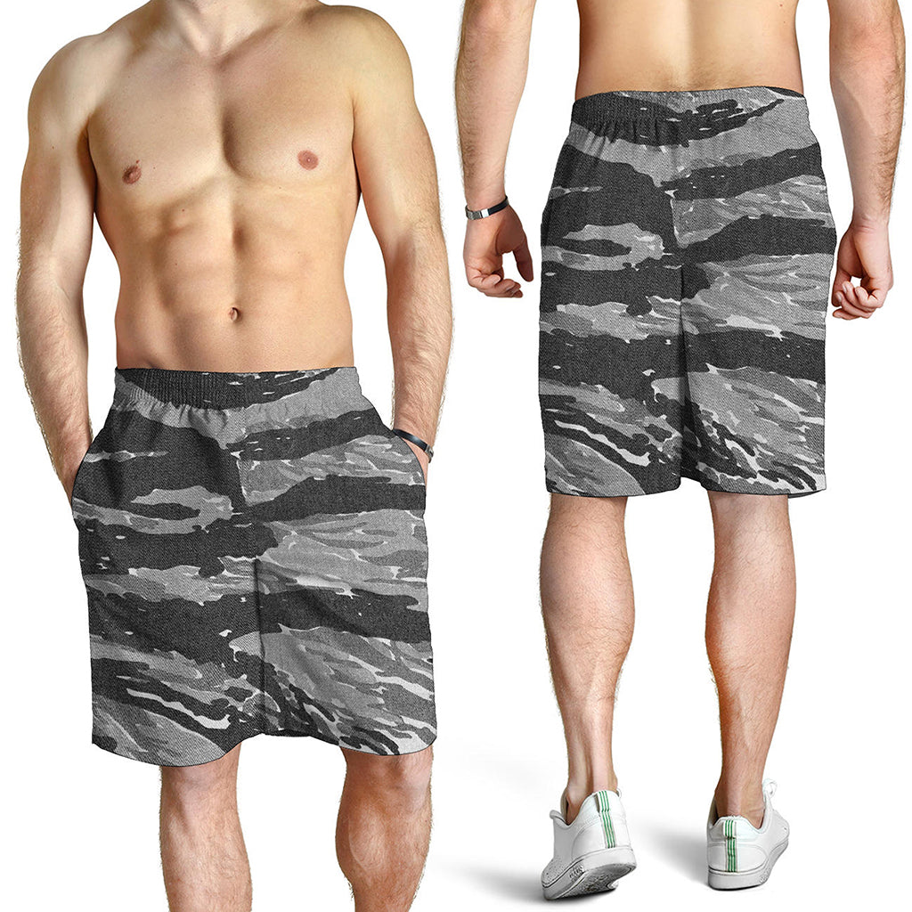 Grey Tiger Stripe Camouflage Print Men's Shorts