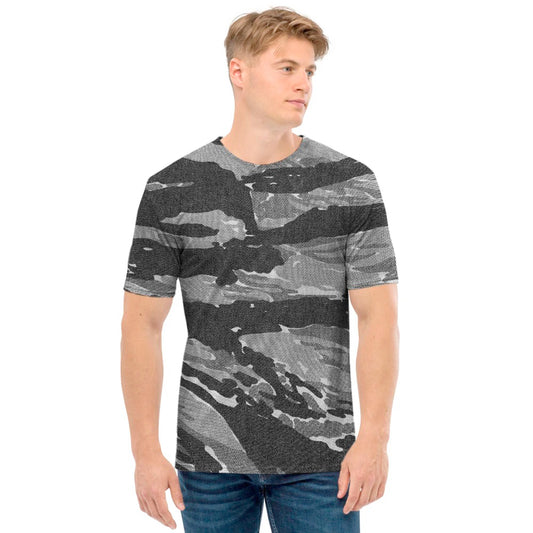 Grey Tiger Stripe Camouflage Print Men's T-Shirt