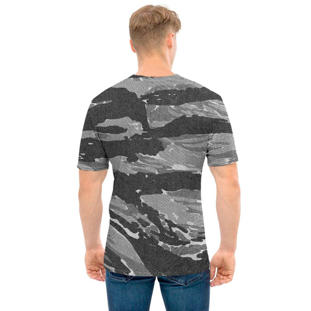 Grey Tiger Stripe Camouflage Print Men's T-Shirt