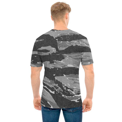 Grey Tiger Stripe Camouflage Print Men's T-Shirt