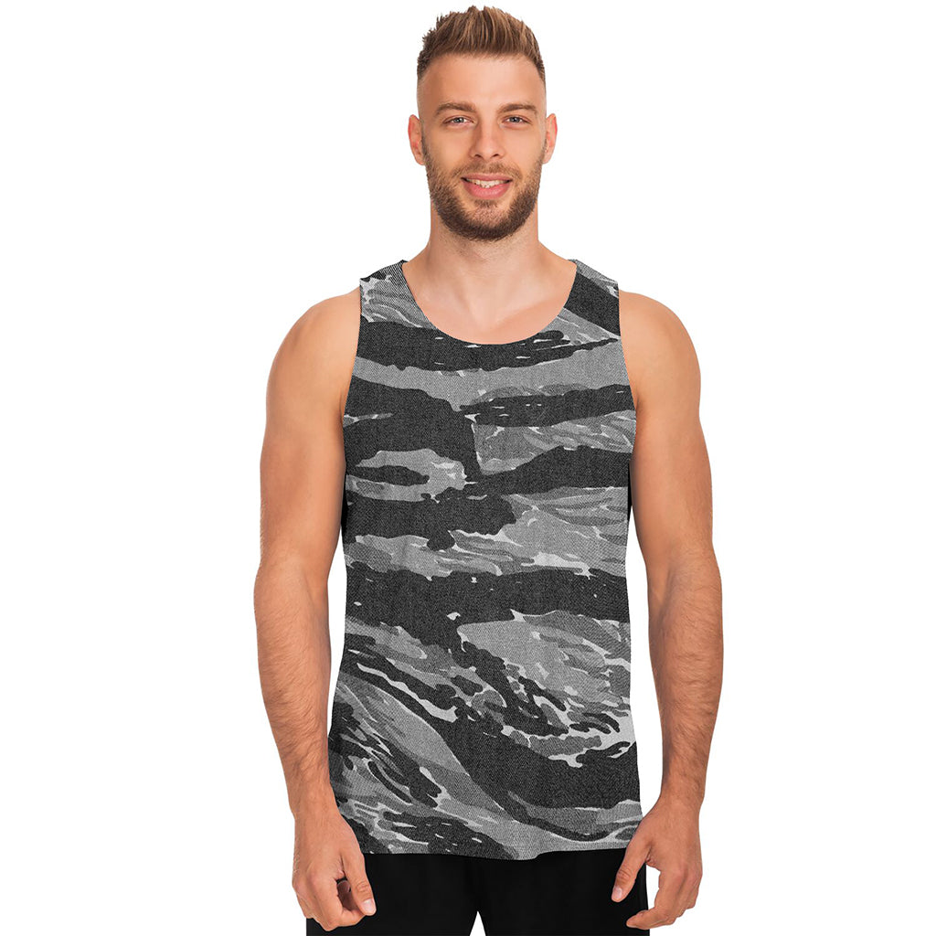 Grey Tiger Stripe Camouflage Print Men's Tank Top
