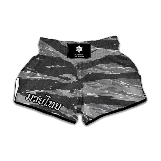 Grey Tiger Stripe Camouflage Print Muay Thai Boxing Shorts