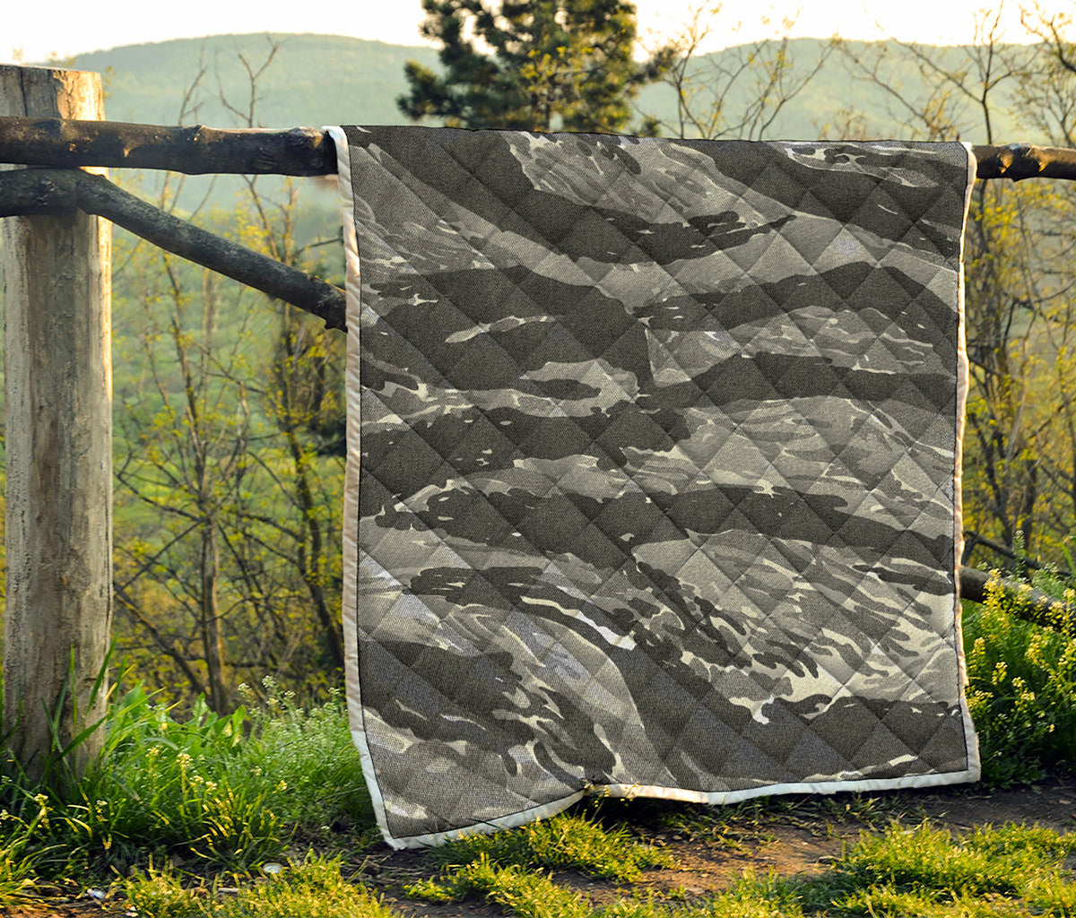 Grey Tiger Stripe Camouflage Print Quilt