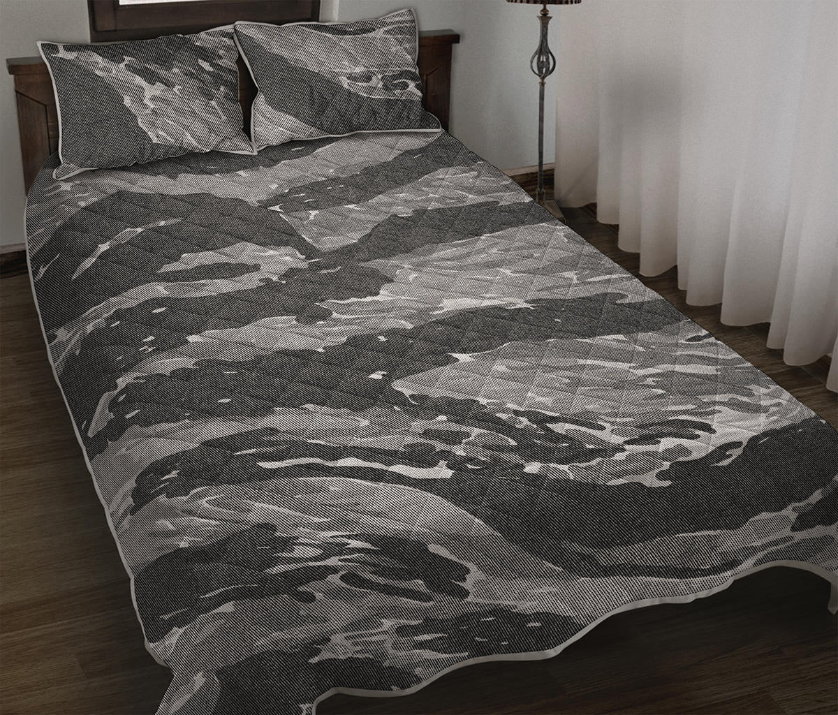 Grey Tiger Stripe Camouflage Print Quilt Bed Set