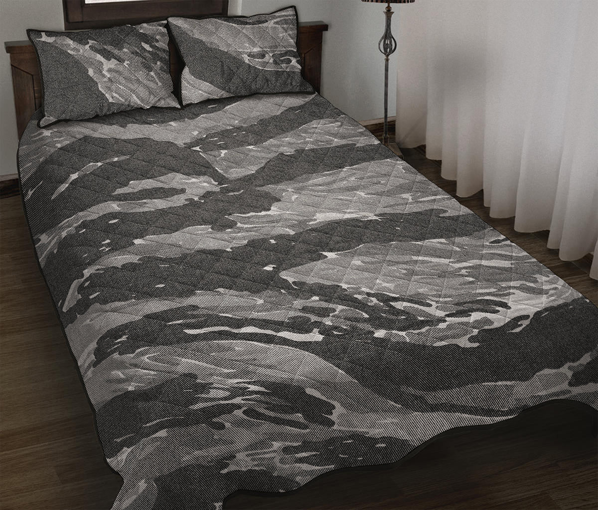 Grey Tiger Stripe Camouflage Print Quilt Bed Set