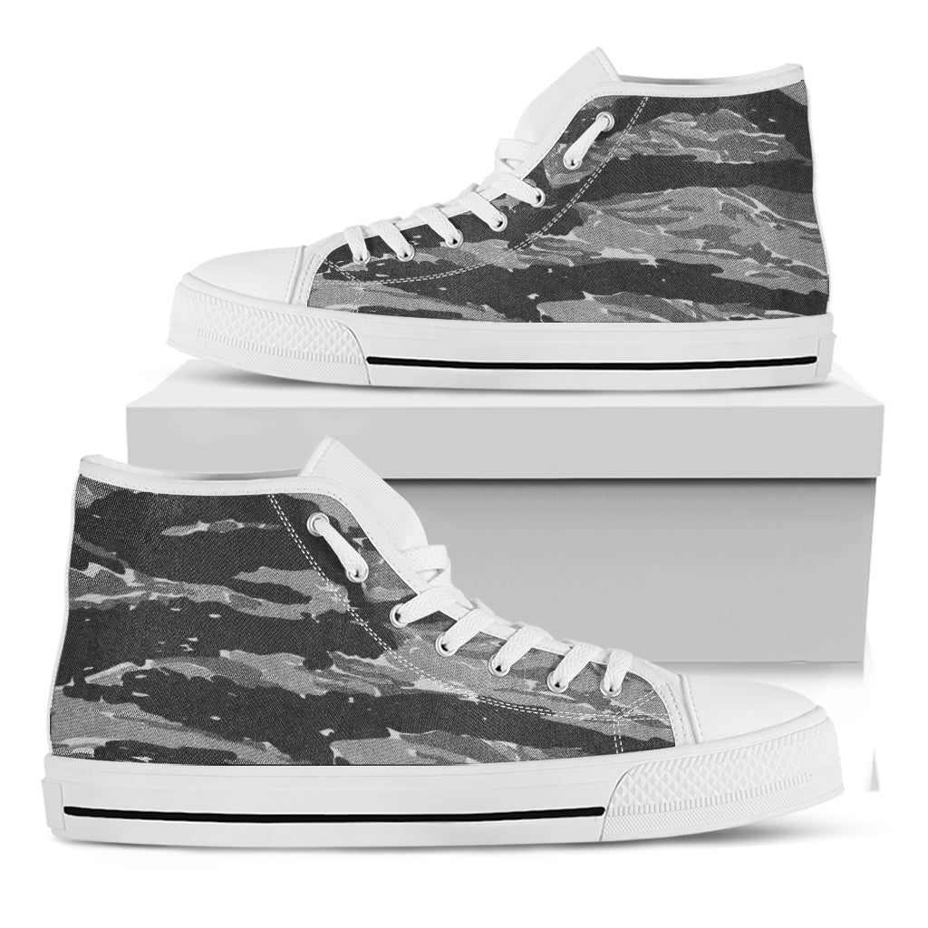 Grey Tiger Stripe Camouflage Print White High Top Shoes