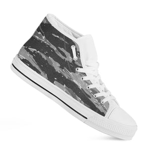 Grey Tiger Stripe Camouflage Print White High Top Shoes