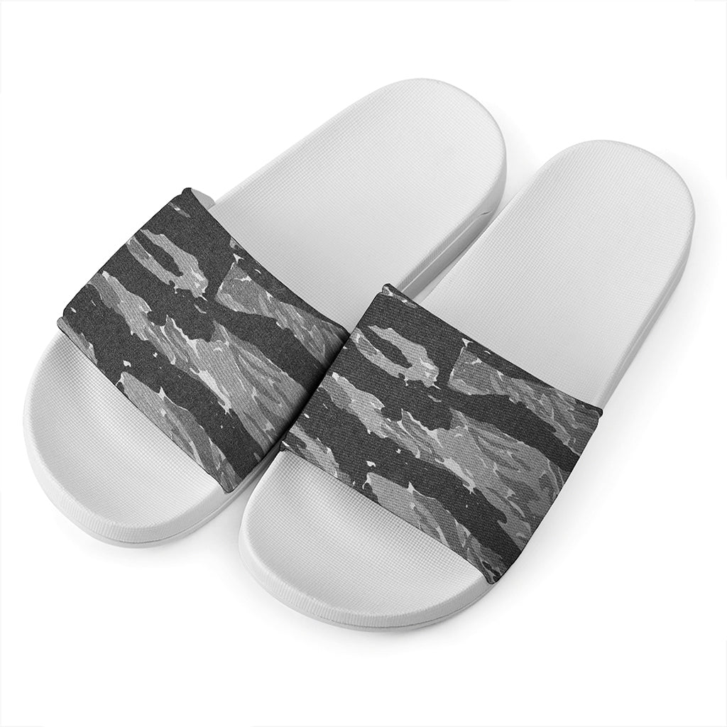 Grey Tiger Stripe Camouflage Print White Slide Sandals