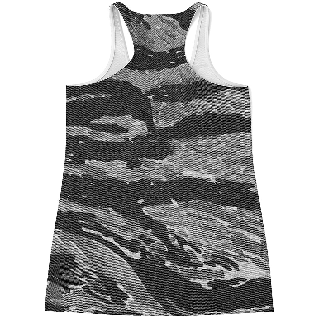 Grey Tiger Stripe Camouflage Print Women's Racerback Tank Top