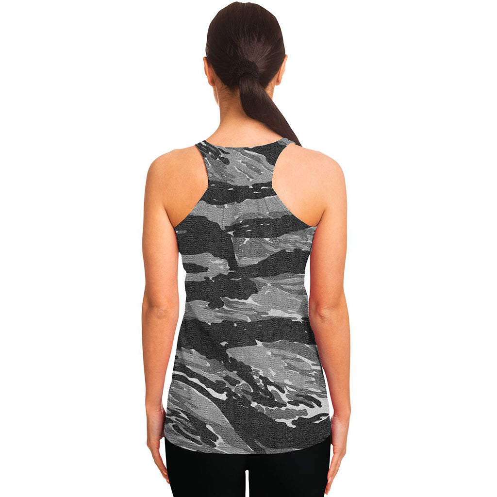 Grey Tiger Stripe Camouflage Print Women's Racerback Tank Top