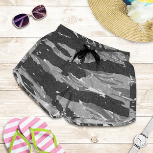 Grey Tiger Stripe Camouflage Print Women's Shorts