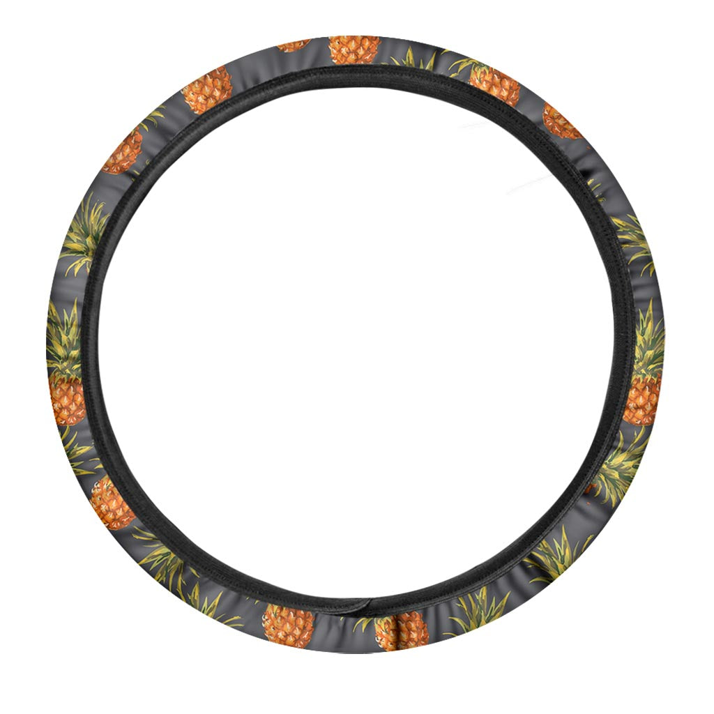 Grey Watercolor Pineapple Pattern Print Car Steering Wheel Cover