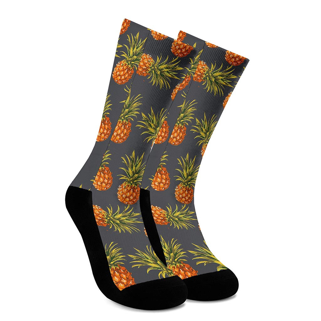 Grey Watercolor Pineapple Pattern Print Crew Socks