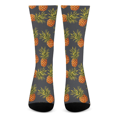 Grey Watercolor Pineapple Pattern Print Crew Socks