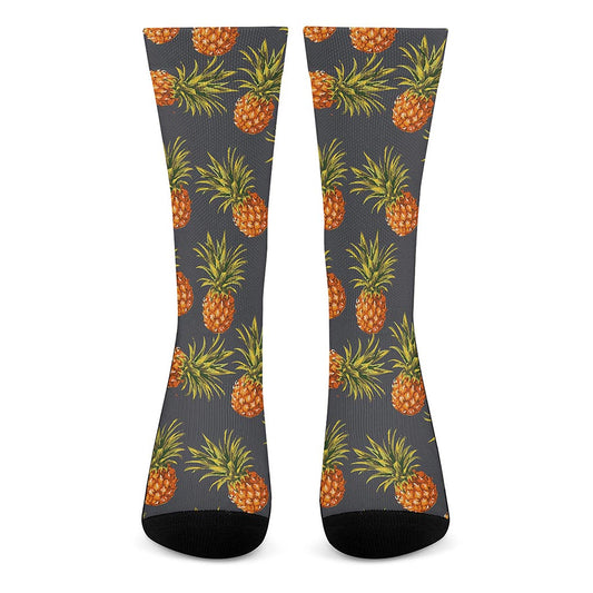 Grey Watercolor Pineapple Pattern Print Crew Socks