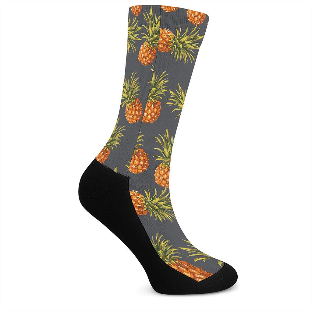 Grey Watercolor Pineapple Pattern Print Crew Socks