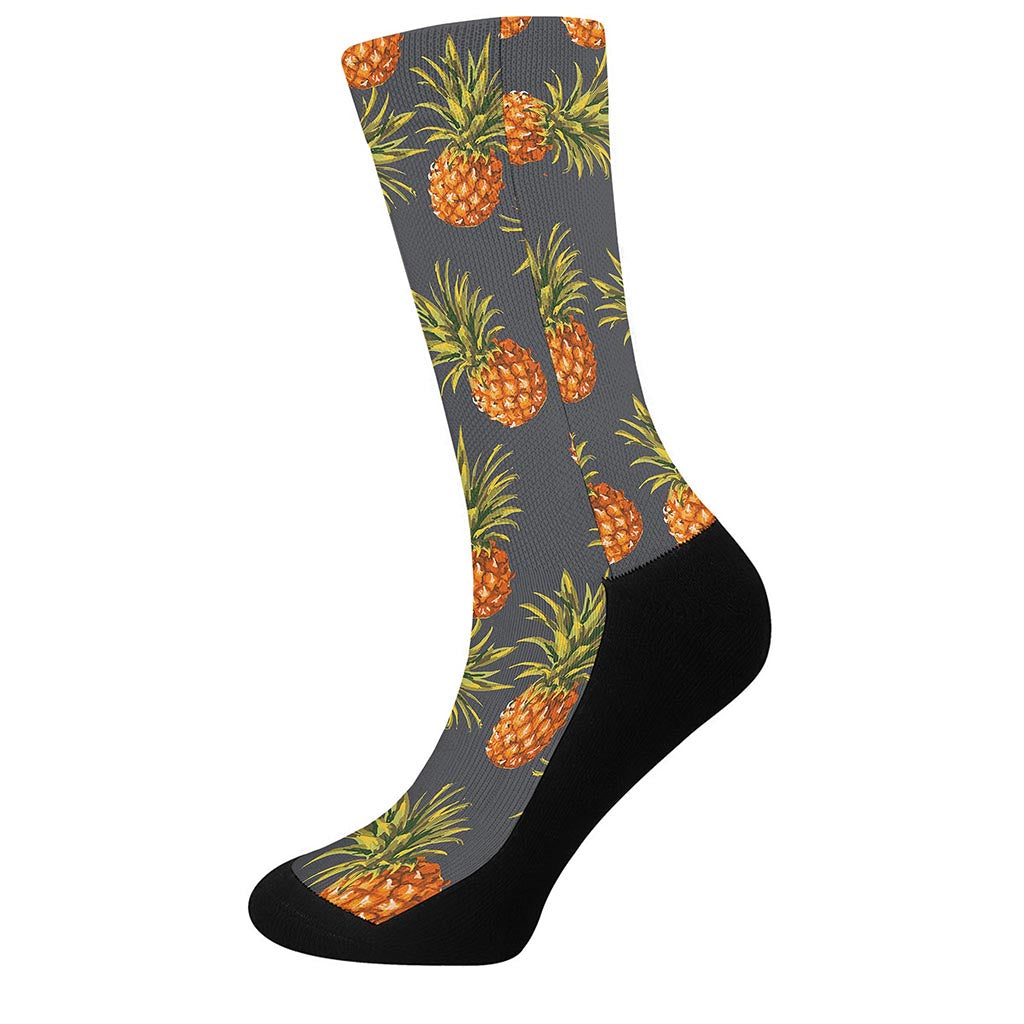 Grey Watercolor Pineapple Pattern Print Crew Socks