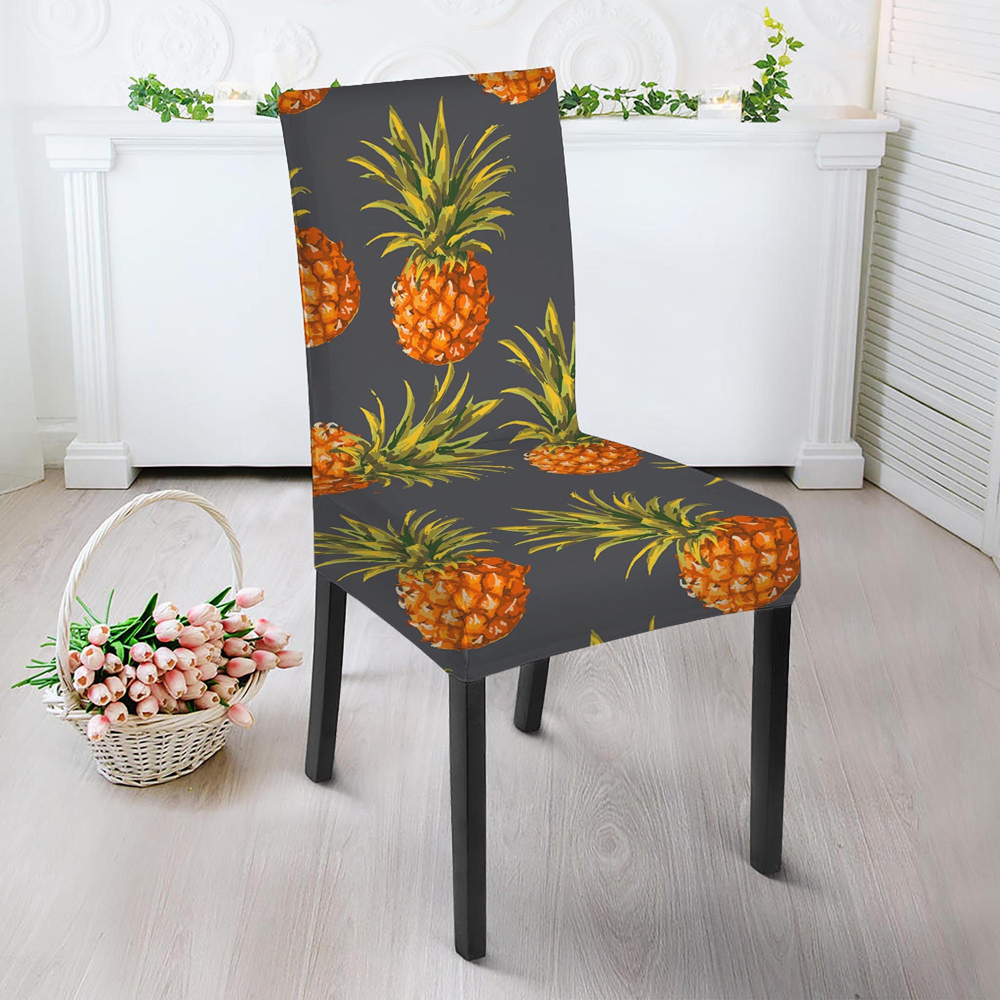 Grey Watercolor Pineapple Pattern Print Dining Chair Slipcover