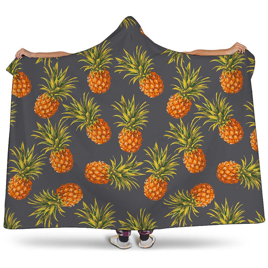 Grey Watercolor Pineapple Pattern Print Hooded Blanket