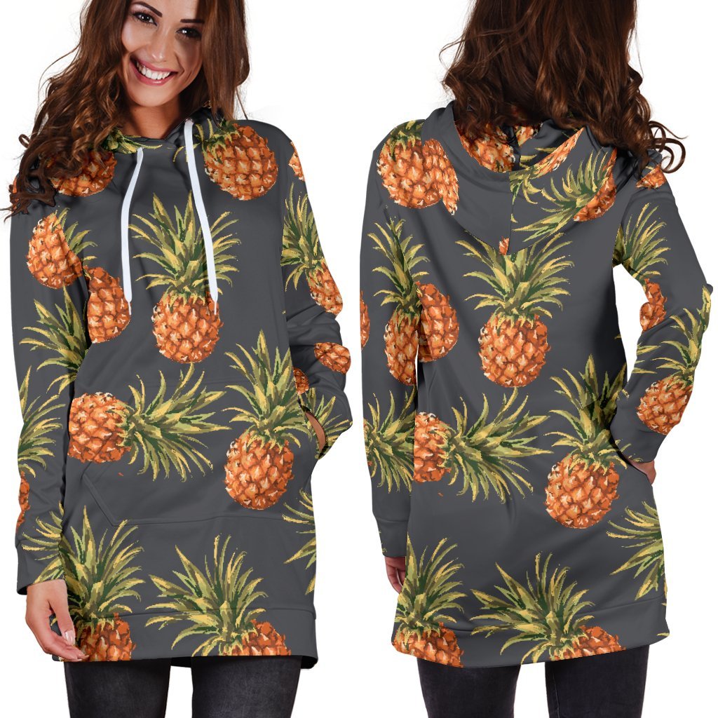 Grey Watercolor Pineapple Pattern Print Hoodie Dress GearFrost
