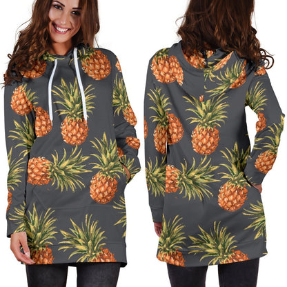 Grey Watercolor Pineapple Pattern Print Hoodie Dress GearFrost