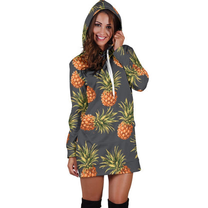 Grey Watercolor Pineapple Pattern Print Hoodie Dress GearFrost