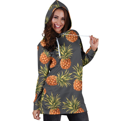 Grey Watercolor Pineapple Pattern Print Hoodie Dress GearFrost