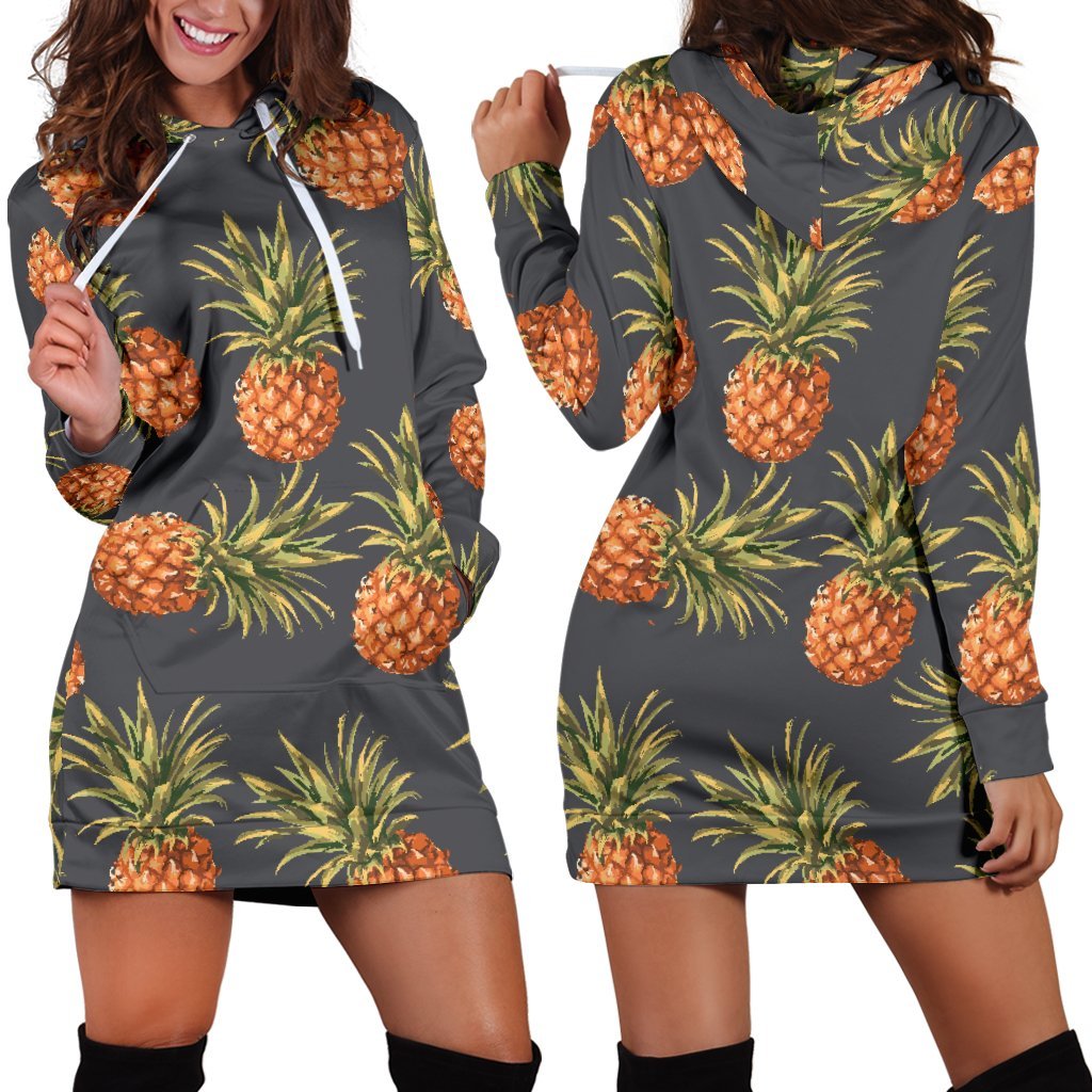 Grey Watercolor Pineapple Pattern Print Hoodie Dress GearFrost