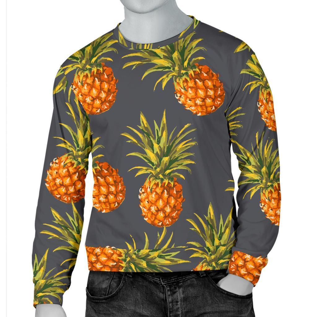 Grey Watercolor Pineapple Pattern Print Men's Crewneck Sweatshirt GearFrost