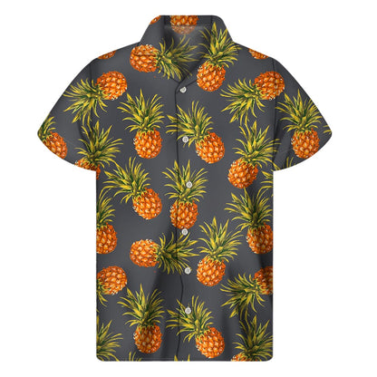 Grey Watercolor Pineapple Pattern Print Men's Short Sleeve Shirt