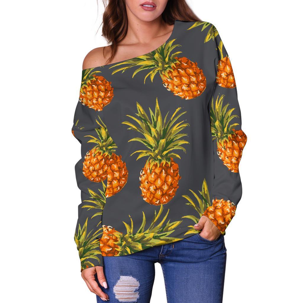 Grey Watercolor Pineapple Pattern Print Off Shoulder Sweatshirt GearFrost