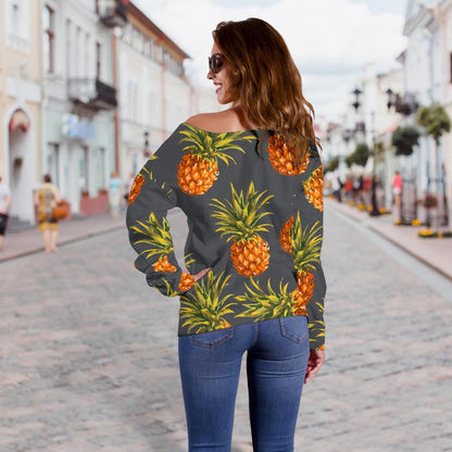 Grey Watercolor Pineapple Pattern Print Off Shoulder Sweatshirt GearFrost