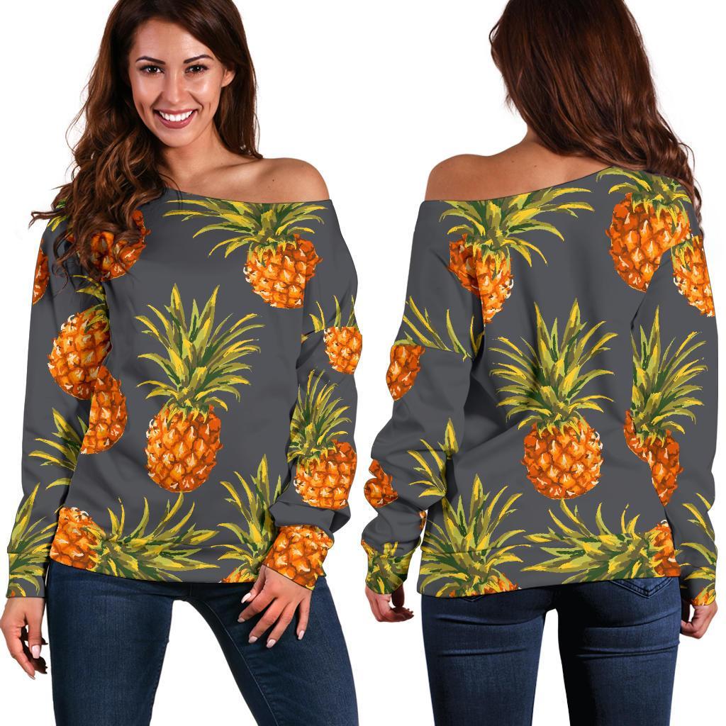Grey Watercolor Pineapple Pattern Print Off Shoulder Sweatshirt GearFrost