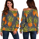 Grey Watercolor Pineapple Pattern Print Off Shoulder Sweatshirt GearFrost