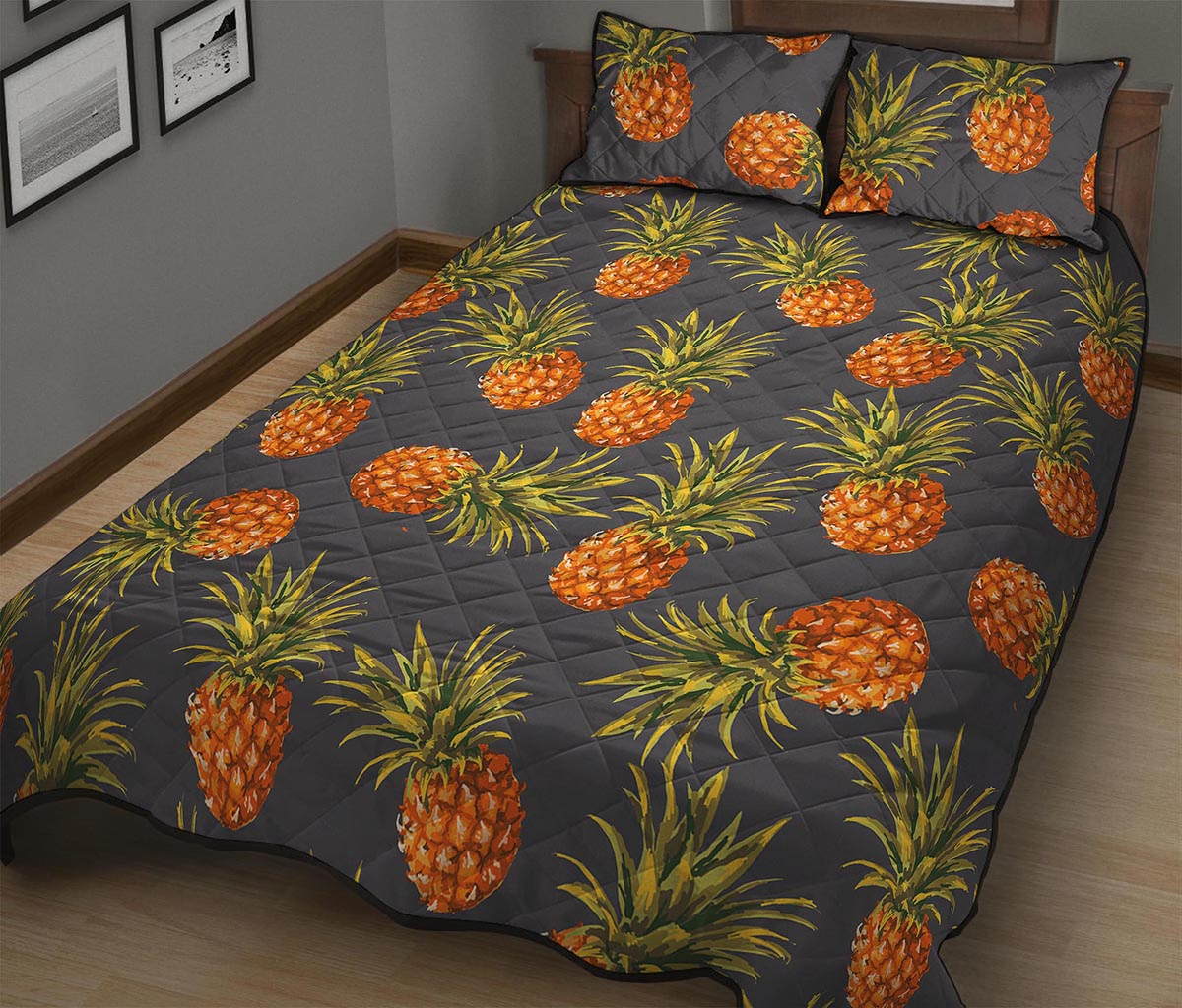 Grey Watercolor Pineapple Pattern Print Quilt Bed Set