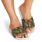 Grey Watercolor Pineapple Pattern Print White Slide Sandals