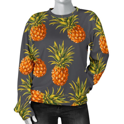 Grey Watercolor Pineapple Pattern Print Women's Crewneck Sweatshirt GearFrost