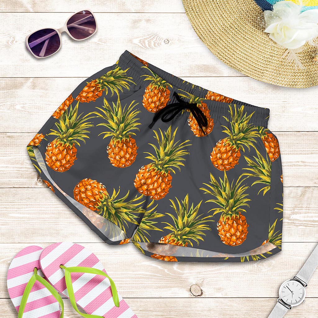Grey Watercolor Pineapple Pattern Print Women's Shorts