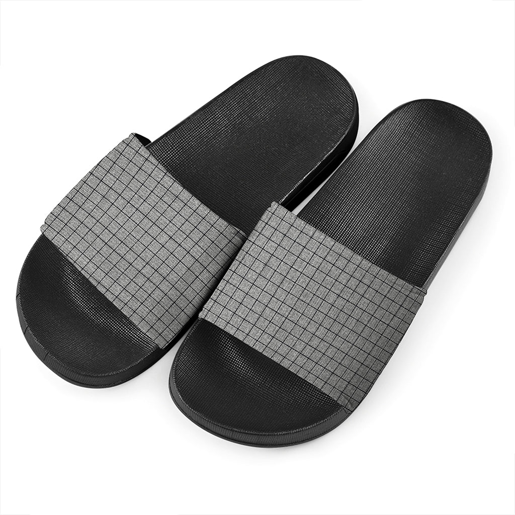 Grey Windowpane Pattern Print Black Slide Sandals