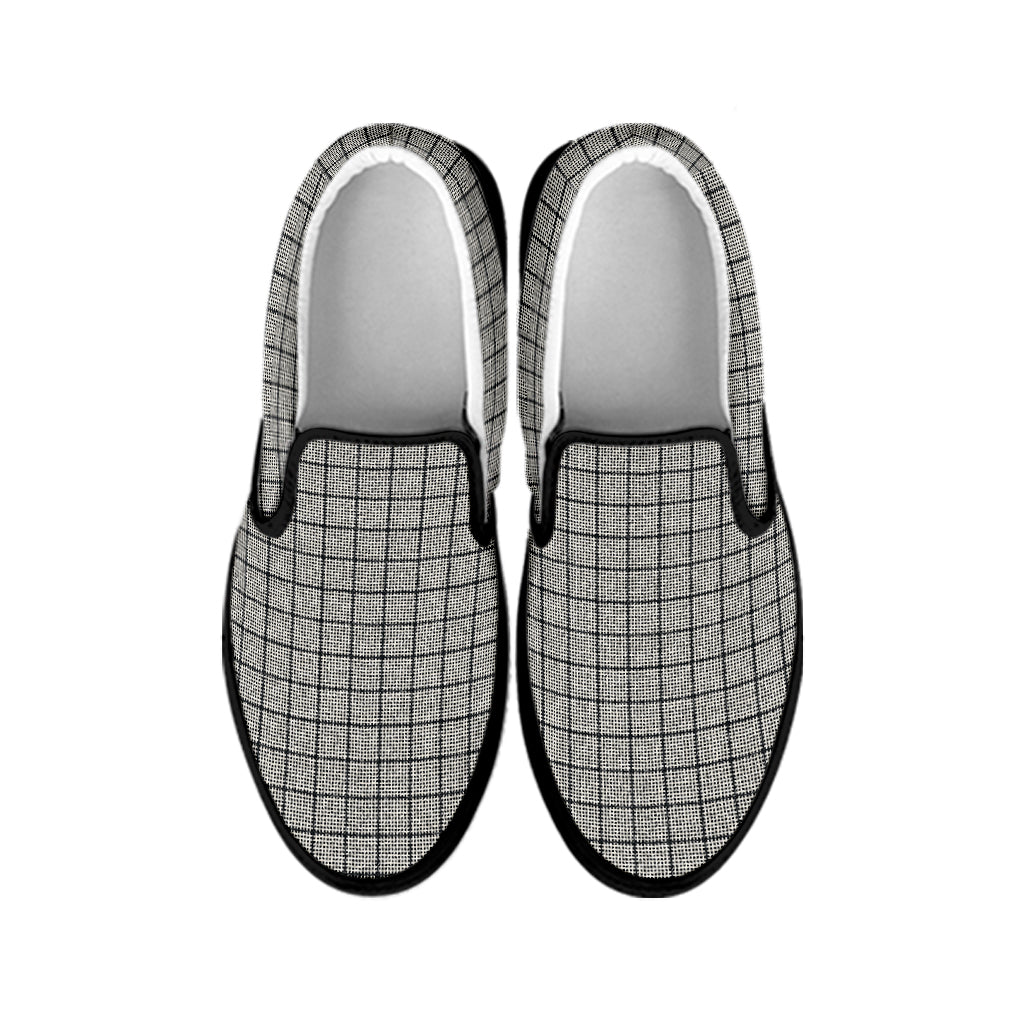 Grey Windowpane Pattern Print Black Slip On Shoes