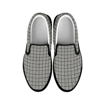 Grey Windowpane Pattern Print Black Slip On Shoes
