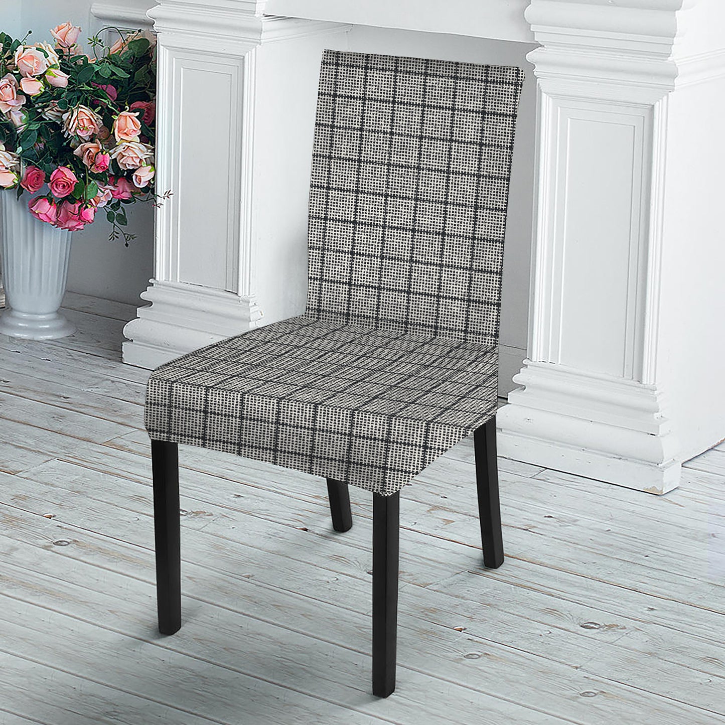 Grey Windowpane Pattern Print Dining Chair Slipcover