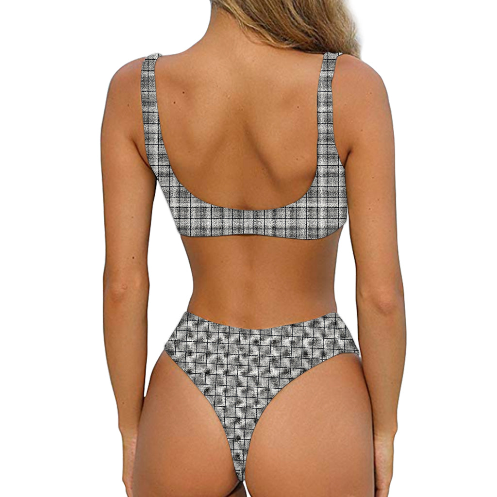 Grey Windowpane Pattern Print Front Bow Tie Bikini