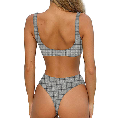 Grey Windowpane Pattern Print Front Bow Tie Bikini
