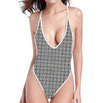 Grey Windowpane Pattern Print One Piece High Cut Swimsuit