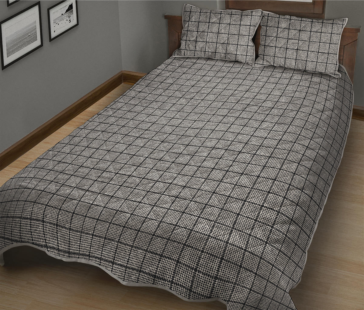 Grey Windowpane Pattern Print Quilt Bed Set