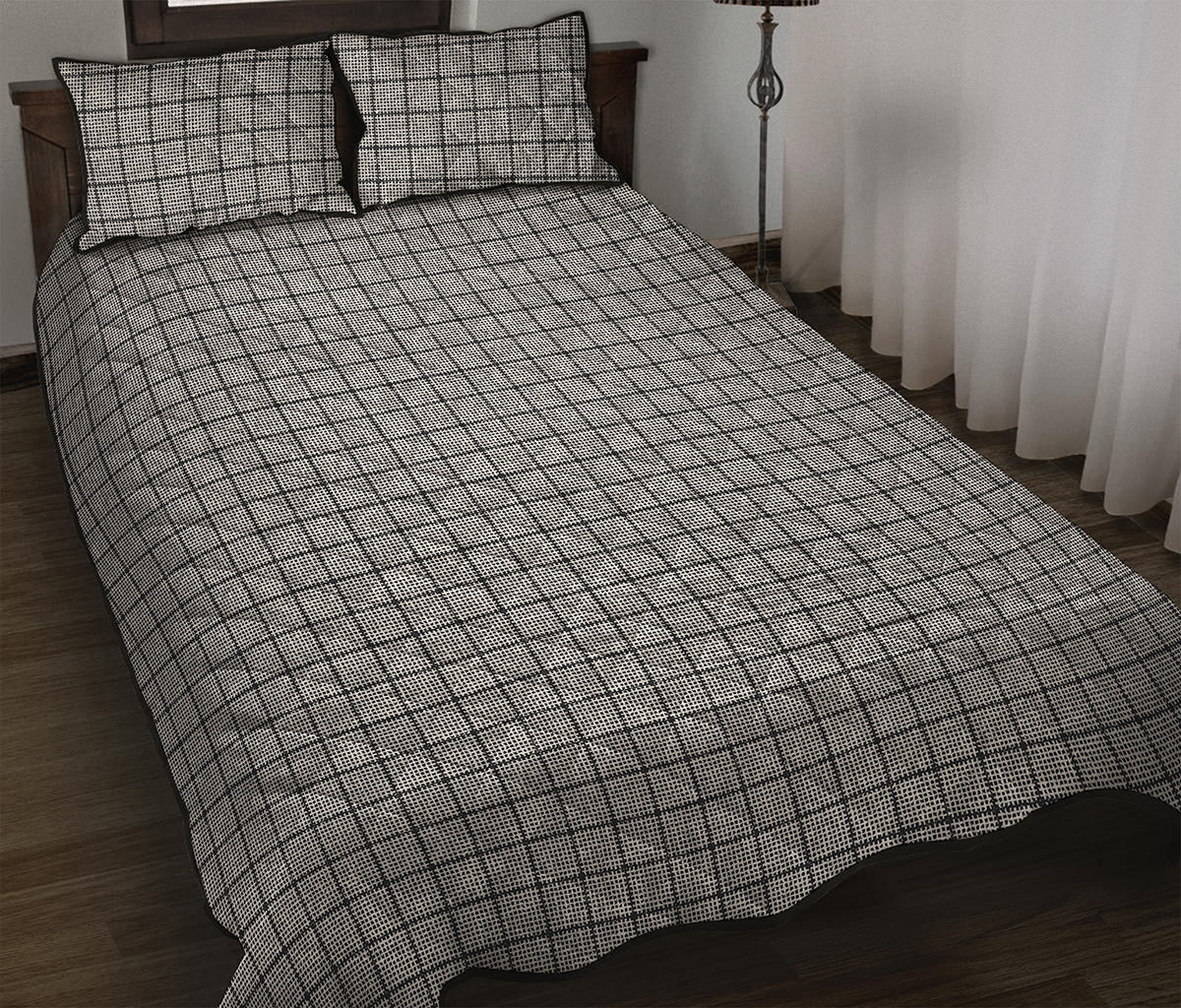 Grey Windowpane Pattern Print Quilt Bed Set