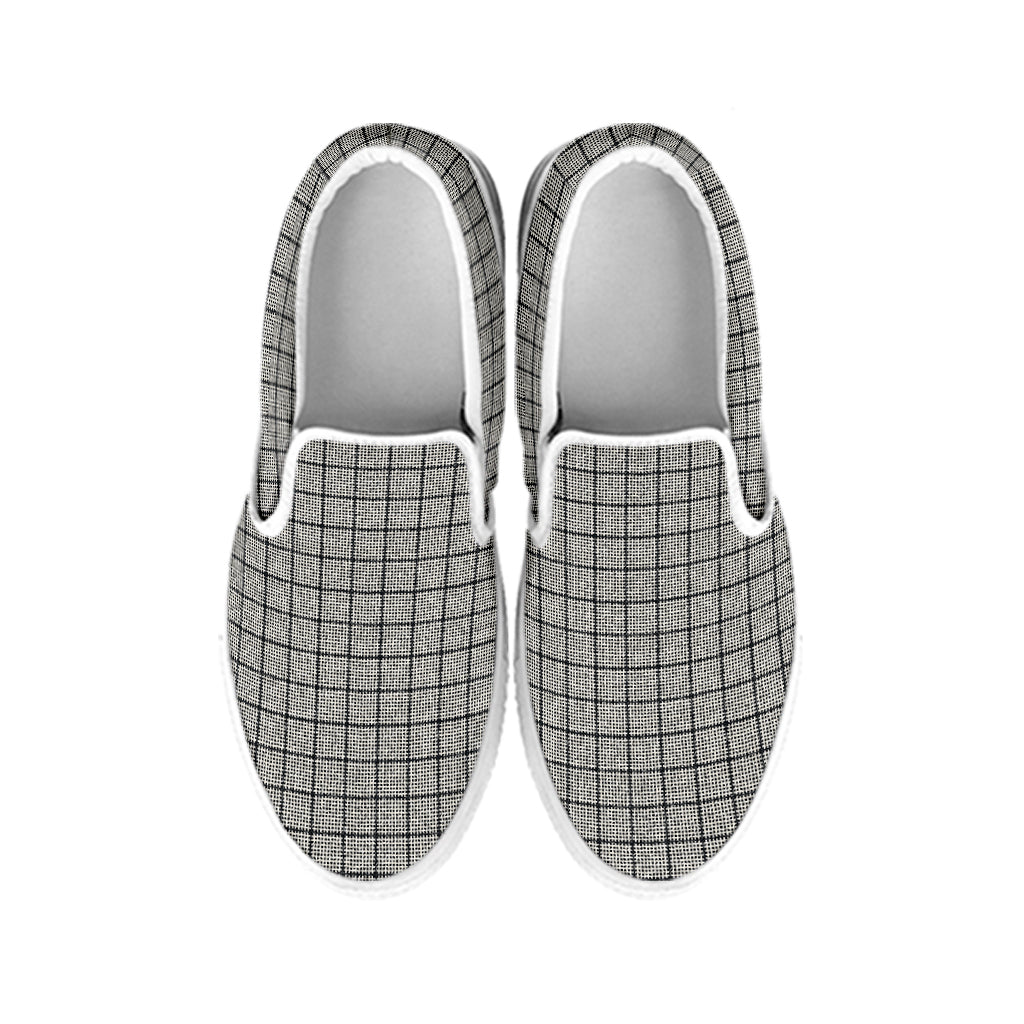 Grey Windowpane Pattern Print White Slip On Shoes
