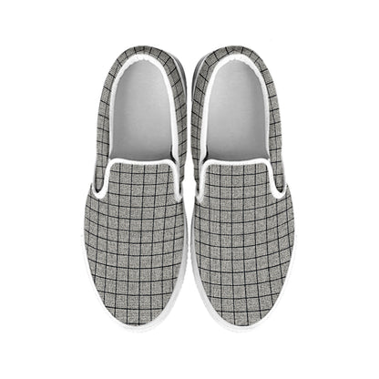 Grey Windowpane Pattern Print White Slip On Shoes