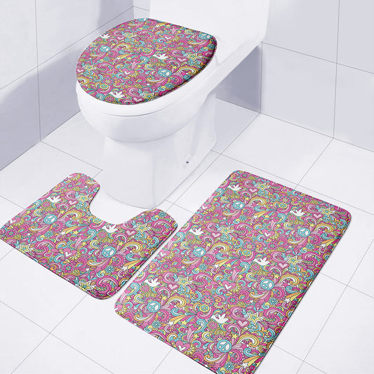 Groovy Girly Peace Pattern Print 3 Piece Bath Mat Set